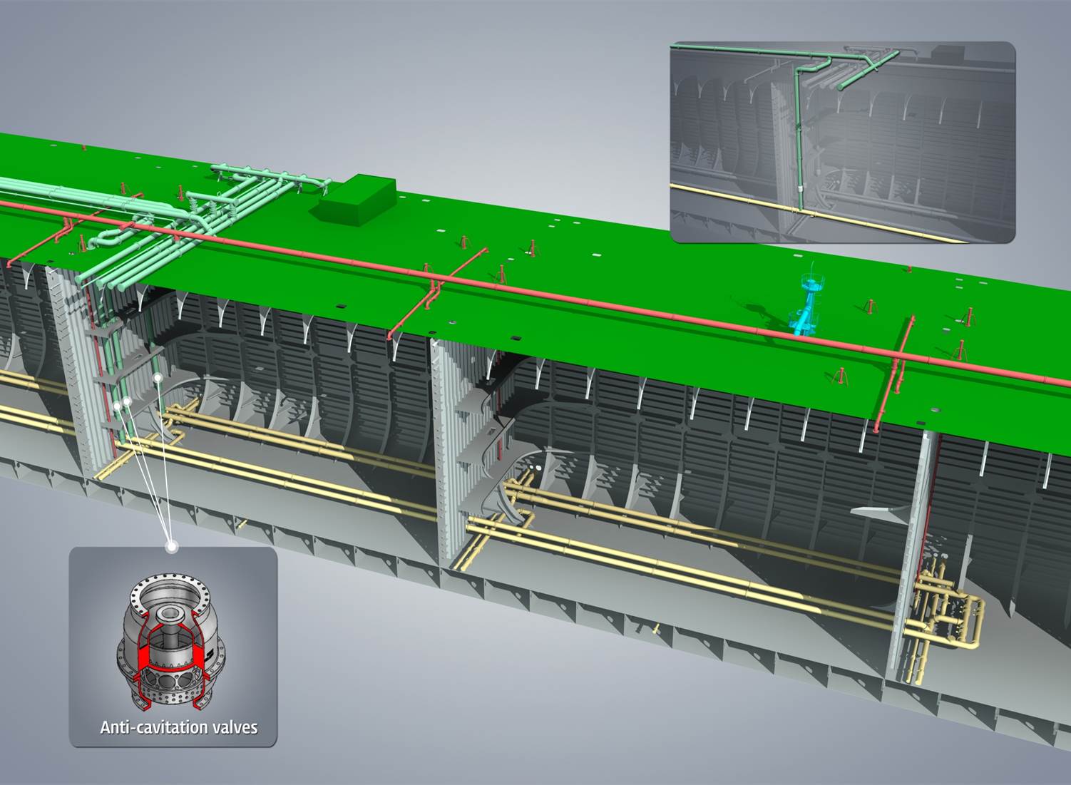 Cutaway 3D model of a crude oil tanker cargo tank fitted with DE-VOC anti-cavitation valves